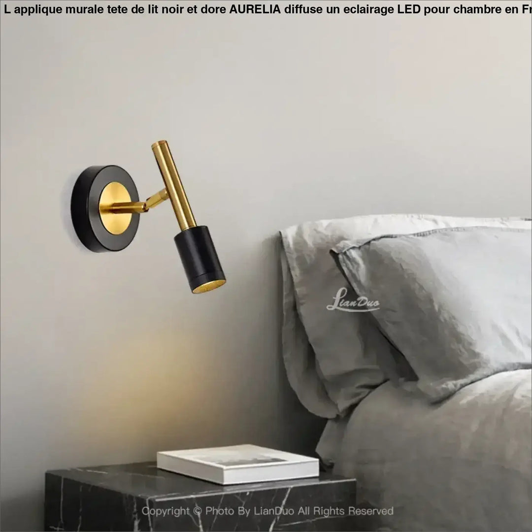 Applique murale tete de lit noir et dore aurelia avec bras ajustable en metal moderne pour lecture murale