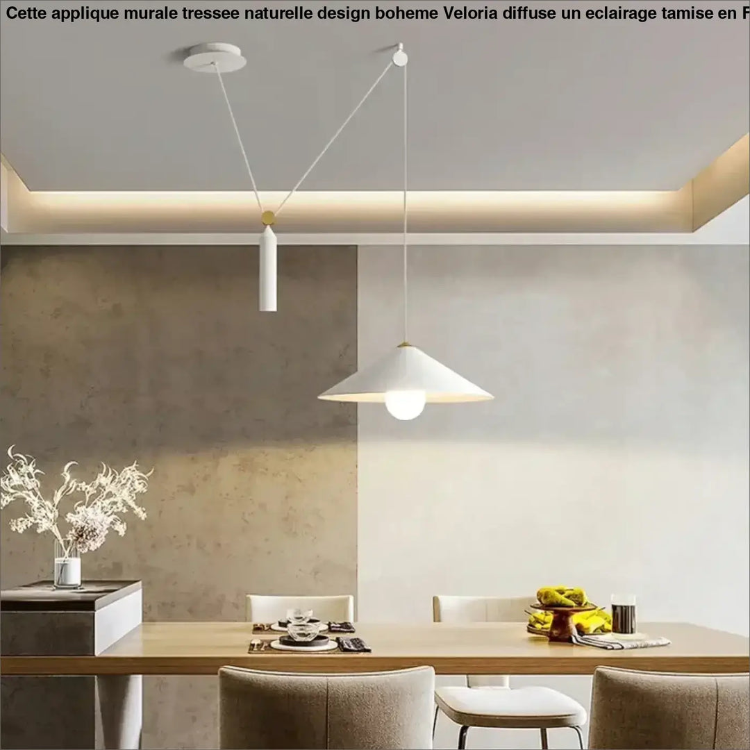 Applique murale tressee naturelle design boheme veloria avec luminaires pendants blancs minimalistes en metal lisse