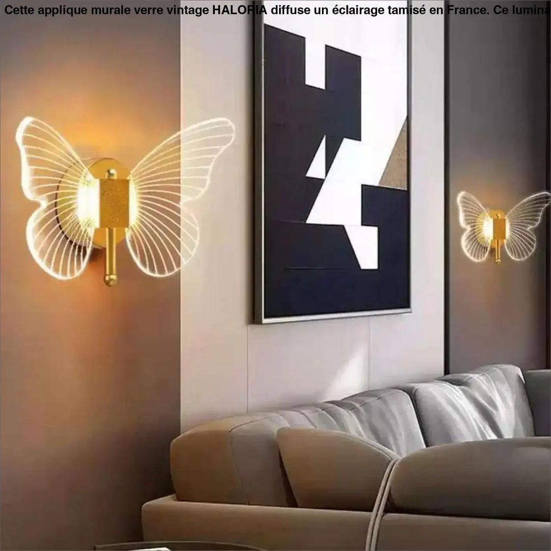 Applique murale verre vintage haloria en forme de papillon doré avec ailes translucides éclairées