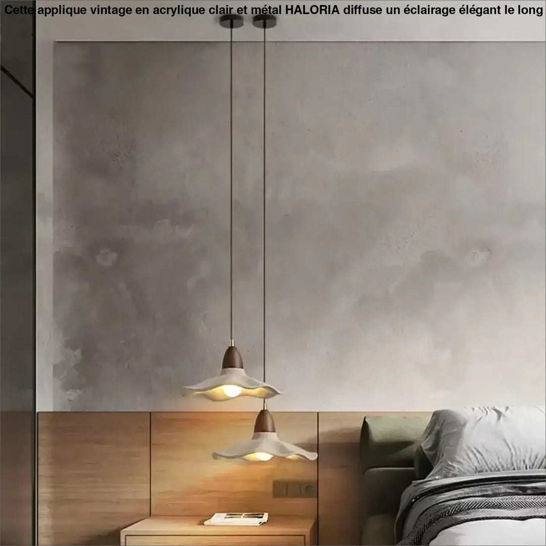 Deux appliques murales vintage en acrylique clair avec abat-jours blancs mats en forme de pétale et base métallique marron