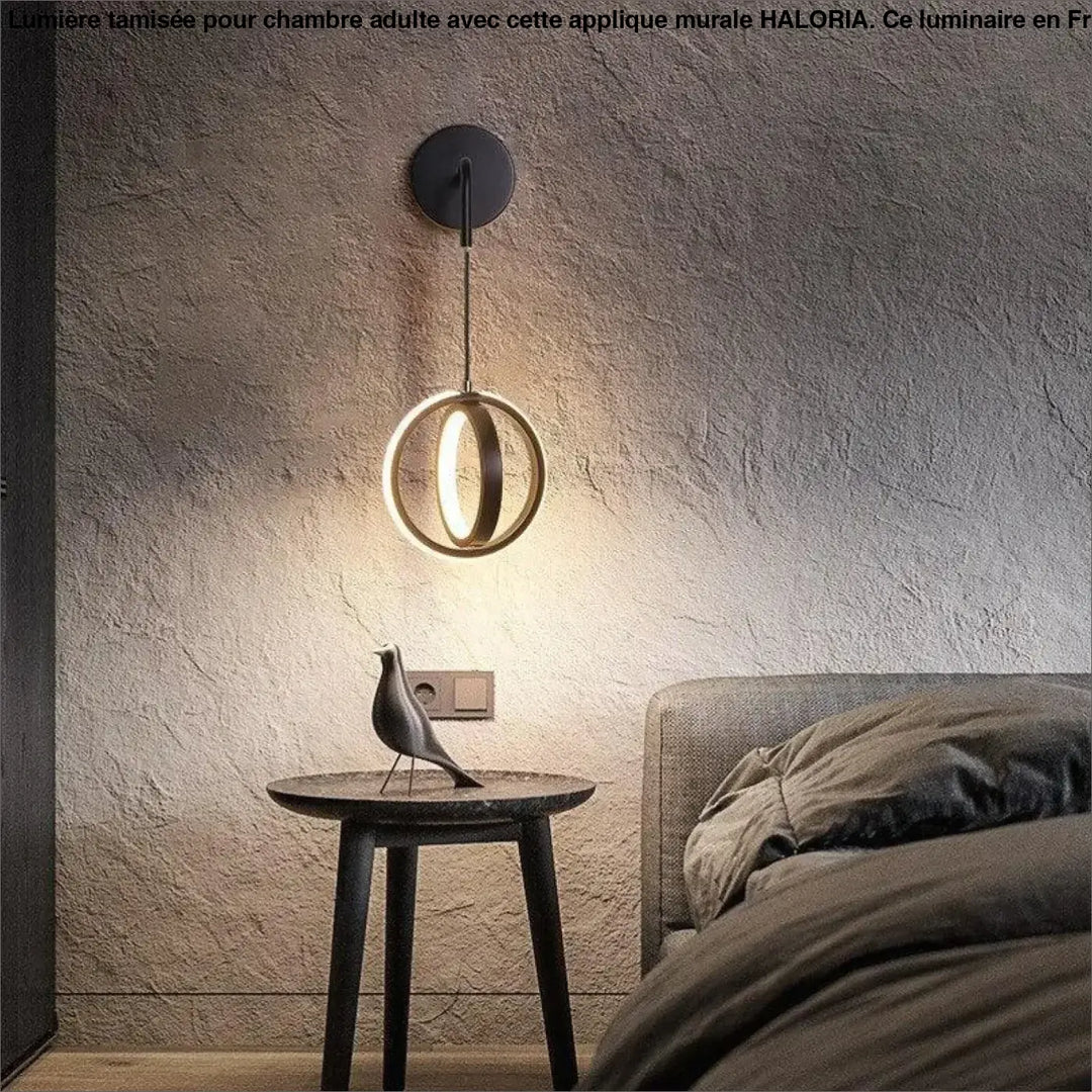 Applique murale noire moderne en forme circulaire avec anneau lumineux pour chambre adulte haloria