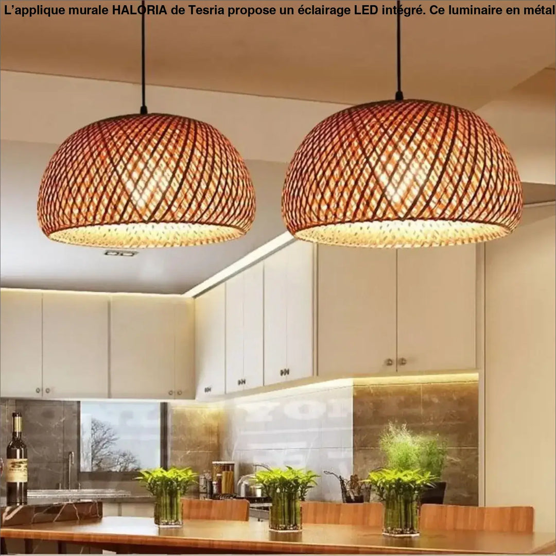 Deux appliques murales modernes en bambou tissé ton chaud avec design naturel et rustique suspendues au plafond