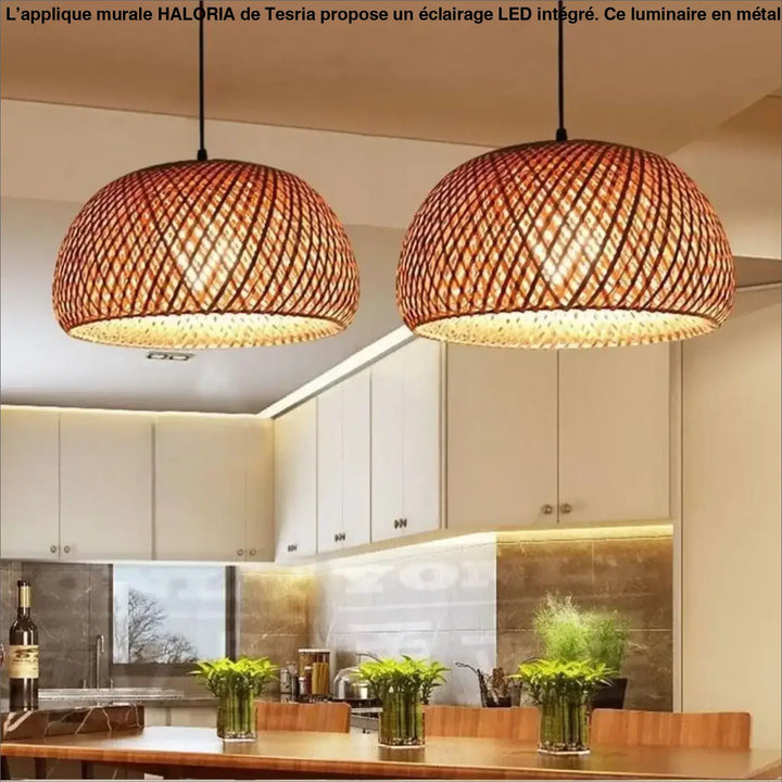 Deux appliques murales modernes en bambou tissé ton chaud avec design naturel et rustique suspendues au plafond