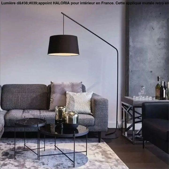Appliques murales retro avec lampe sur pied noire arquée et abat-jour cylindrique dans la collection haloria