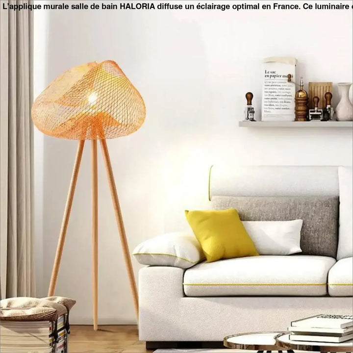 Applique murale orange en mesh avec base trépied en bois idéale pour appliques murales salle de bain haloria