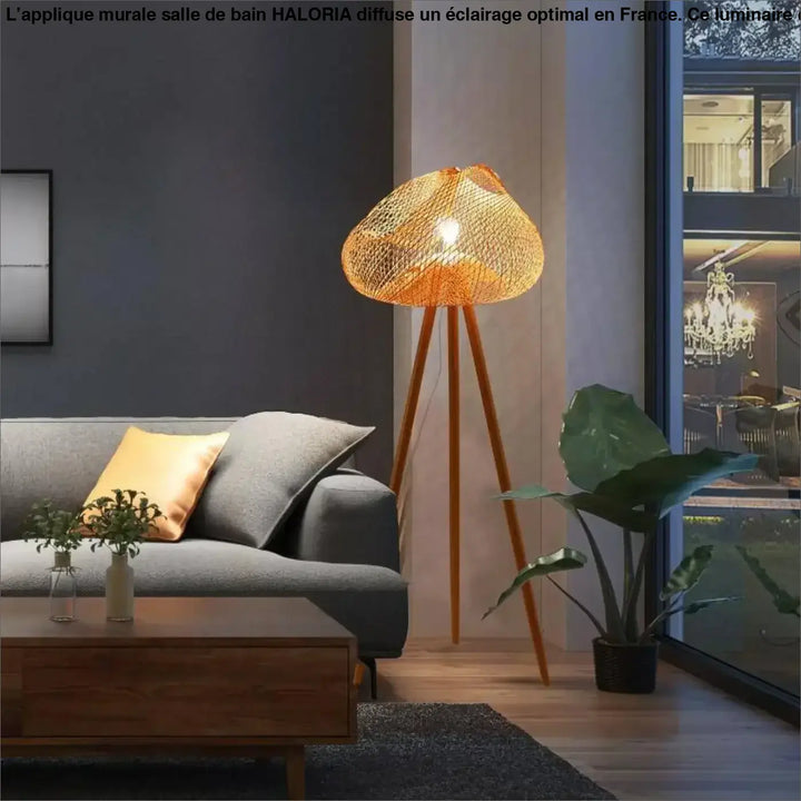 Applique murale en rotin tissé ton chaud avec pieds tripodes en bois pour appliques murales salle de bain haloria