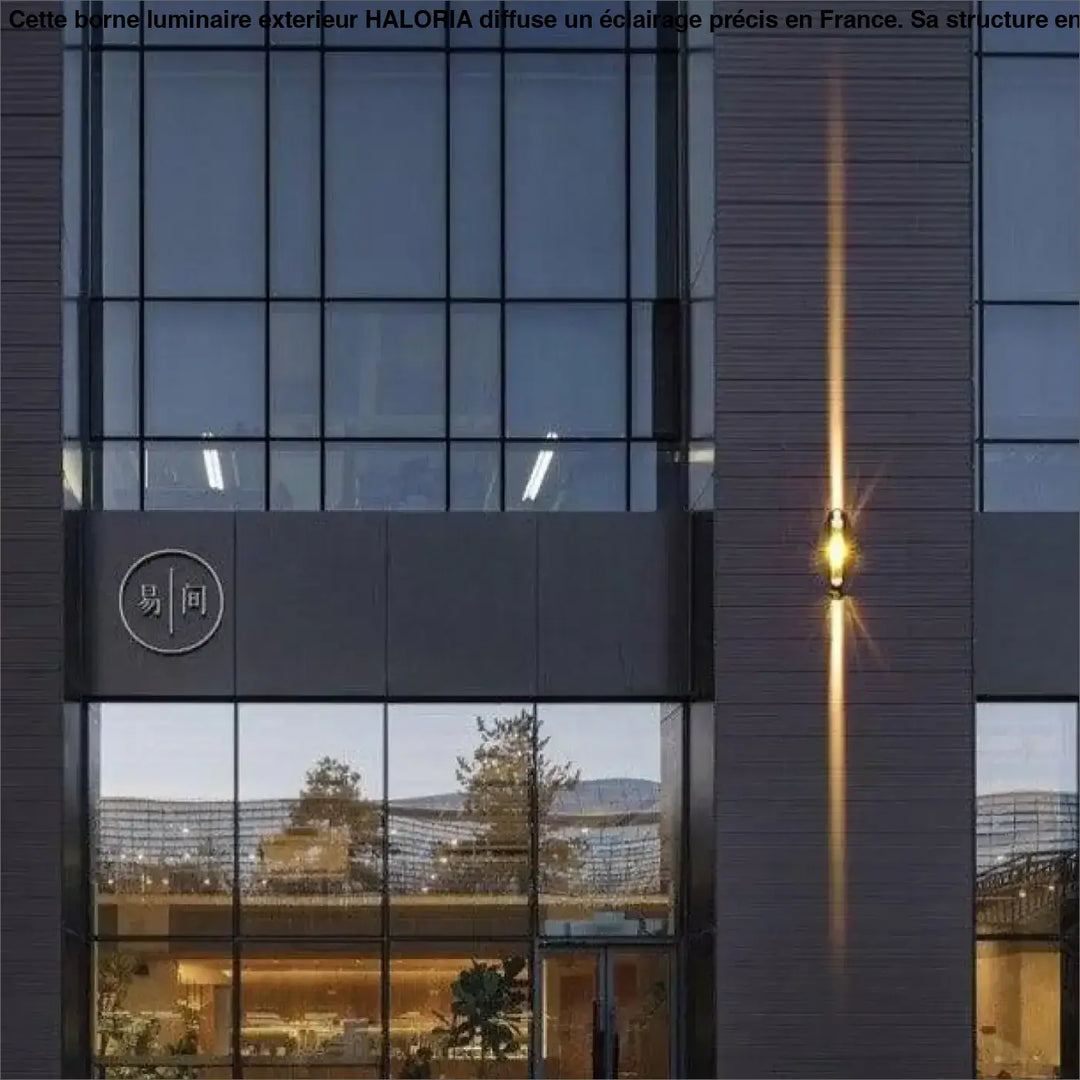 Borne luminaire exterieur haloria avec panneau métallique circulaire et caractères chinois sur façade gris foncé