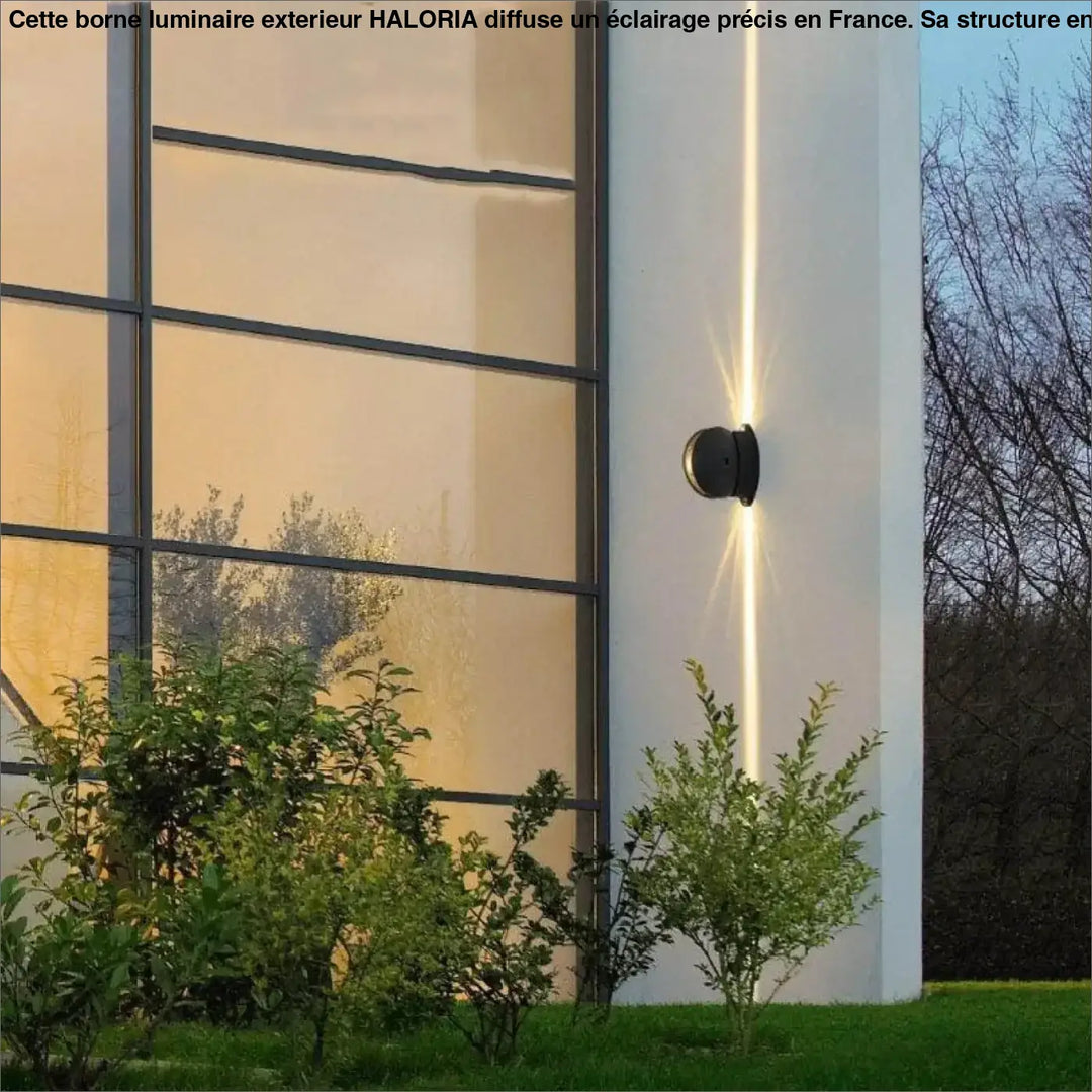 Borne luminaire exterieur haloria avec applique murale led noire moderne diffusant un faisceau vertical chaud