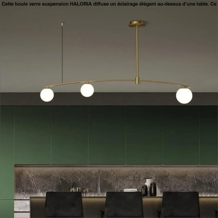 Modern brass boule verre suspension with three spherical white glass bulbs by haloria