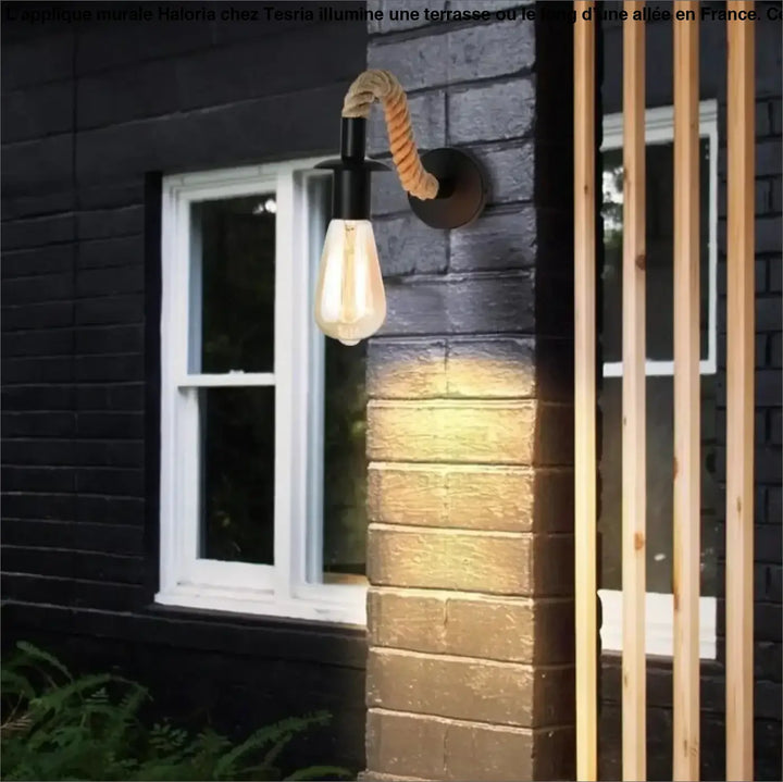 Luminaire extérieur mural industriel avec base noire, bras en corde torsadée et ampoule filament pour éclairage terrasse long d’une allée
