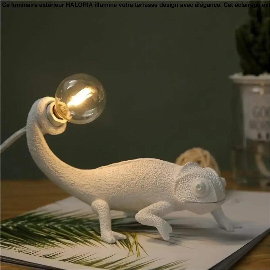 Luminaire extérieur chameleon blanc texturé en forme de lampe de bureau avec ampoule lumineuse pour eclairage exterieur terrasse design