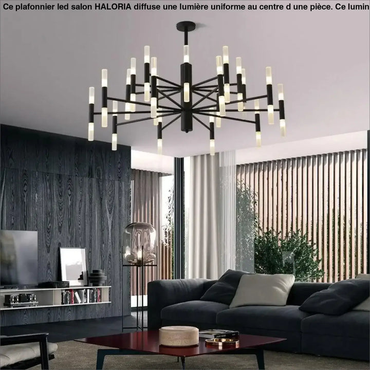Plafonnier led salon noir et blanc avec design géométrique étoile moderne grand plafonnier led salon haloria