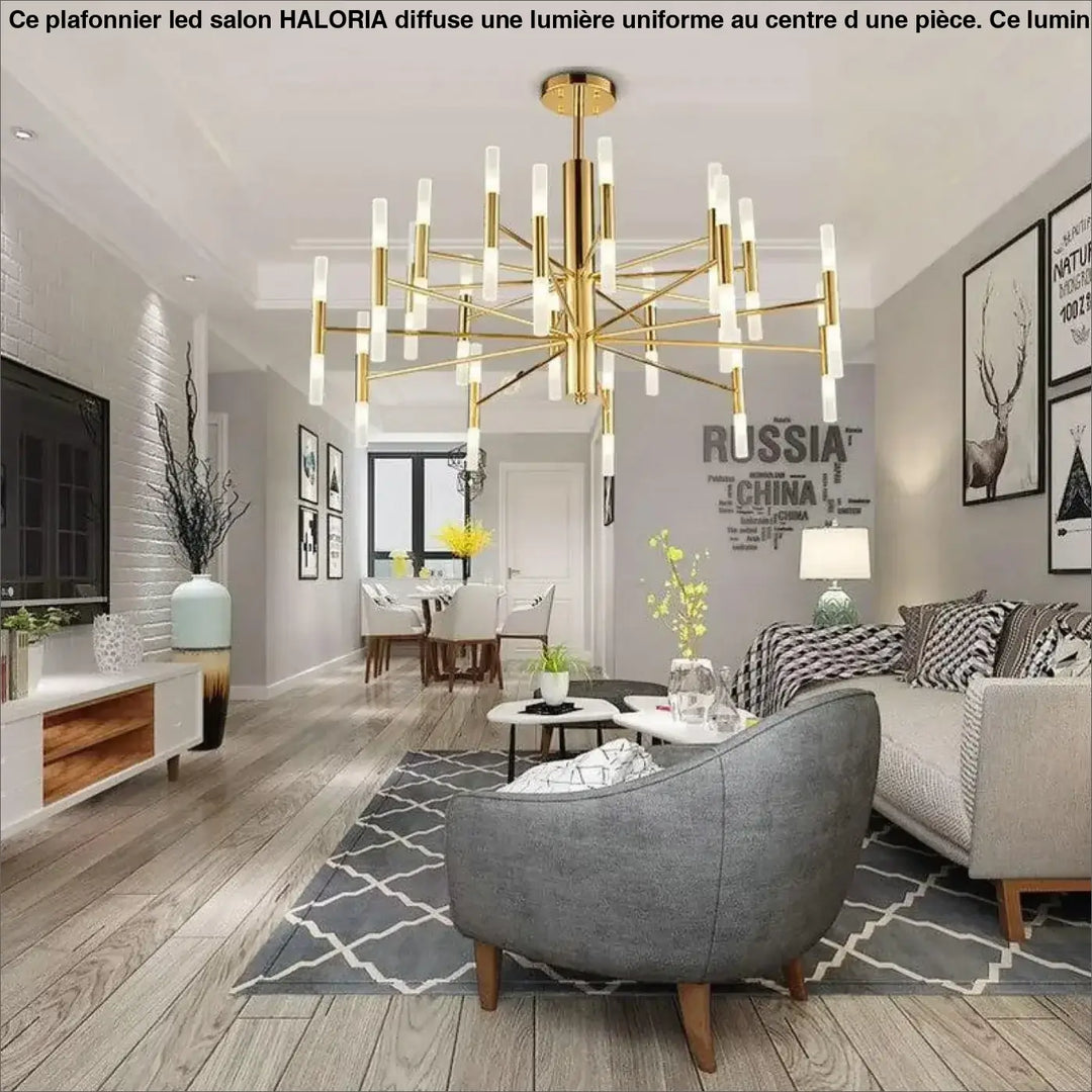 Plafonnier led salon grand plafonnier led haloria en métal doré avec multiples abat-jours cylindriques en verre dépoli