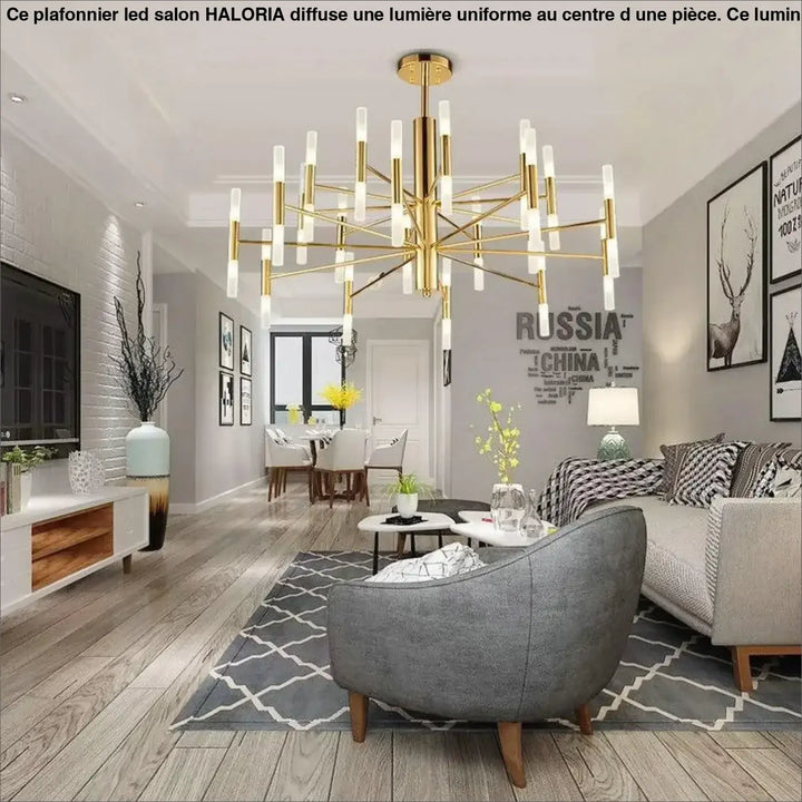 Plafonnier led salon grand plafonnier led haloria en métal doré avec multiples abat-jours cylindriques en verre dépoli