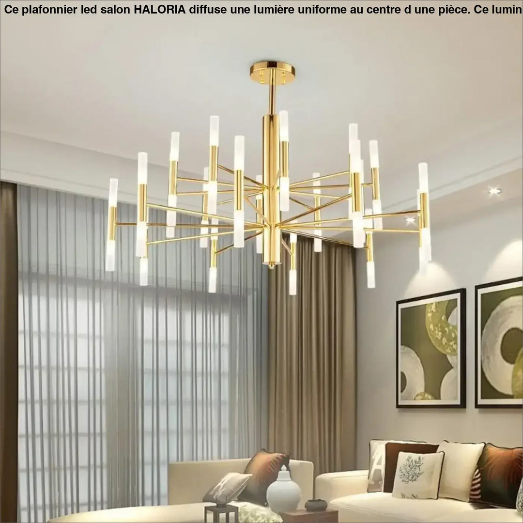 Grand plafonnier led salon haloria en ton or avec bras fins et ampoules style chandelle en verre dépoli pour led salon