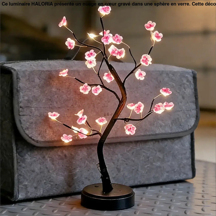 Veilleuse arbre lumineux Flowy arbre décoratif en branches marron avec fleurs roses illuminées pour décoration intérieure