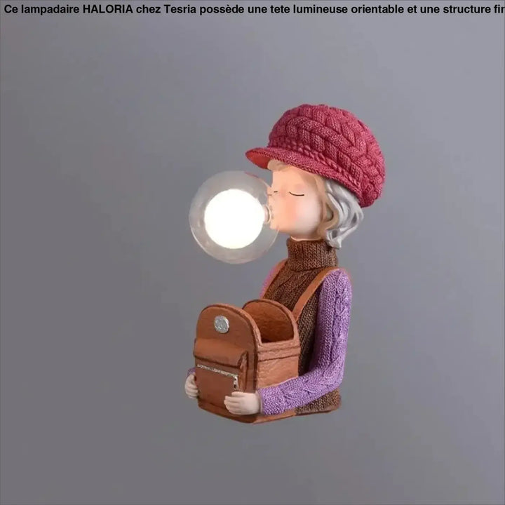 Lampe de chevet tiloux avec figurine en résine bonnet lapin rouge et globe lumineux dans une bulle translucide