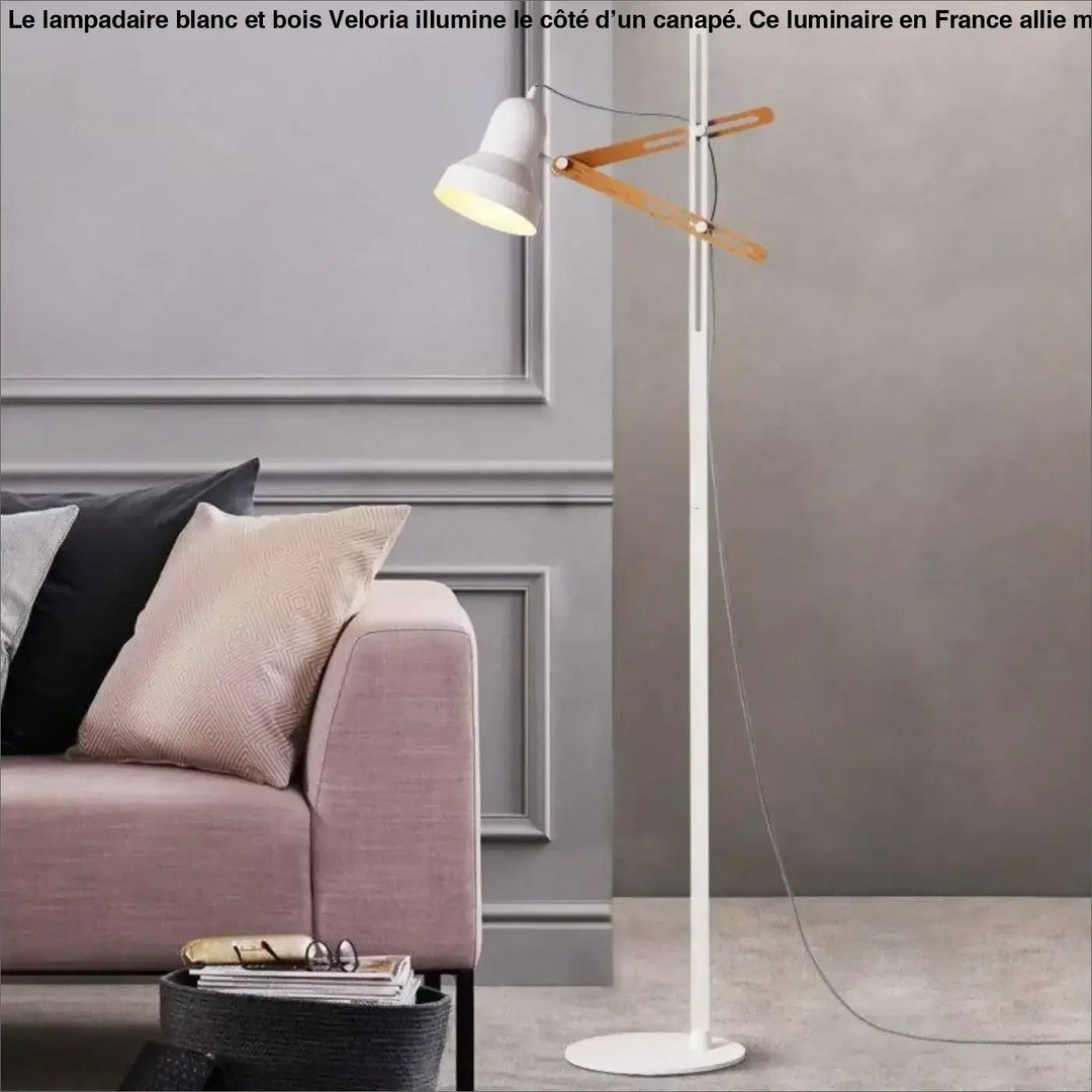 Lampadaire Blanc Et Bois À Abat-Jour Conique Noir Et Rose