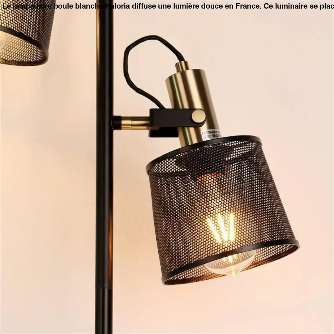Lampadaire boule blanche en maille noire avec accents en laiton et ampoule à filament apparent par haloria