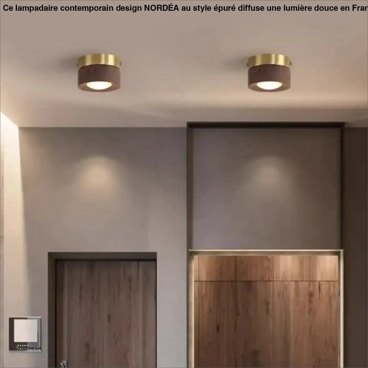 Luminaire plafonnier ulori avec anneaux en métal finition laiton doré et abat-jours cylindriques brun foncé texturé