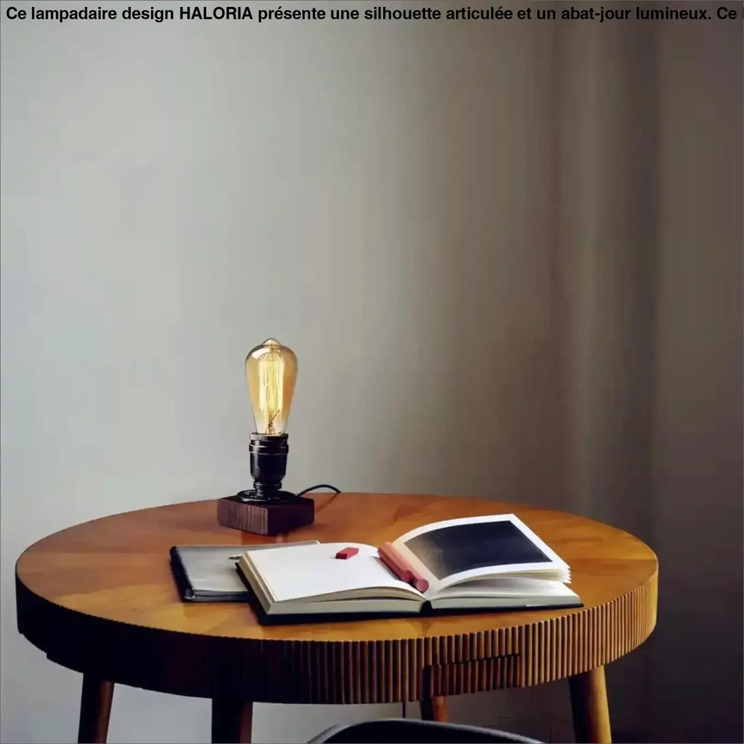 Lampe de table filamenta avec ampoule edison vintage chaude, base métal noir et support en bois, table décorative industrielle