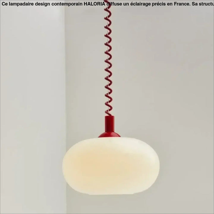 Suspension luminaire neronia moderne avec verre opalin oval blanc et cordon rouge en spirale
