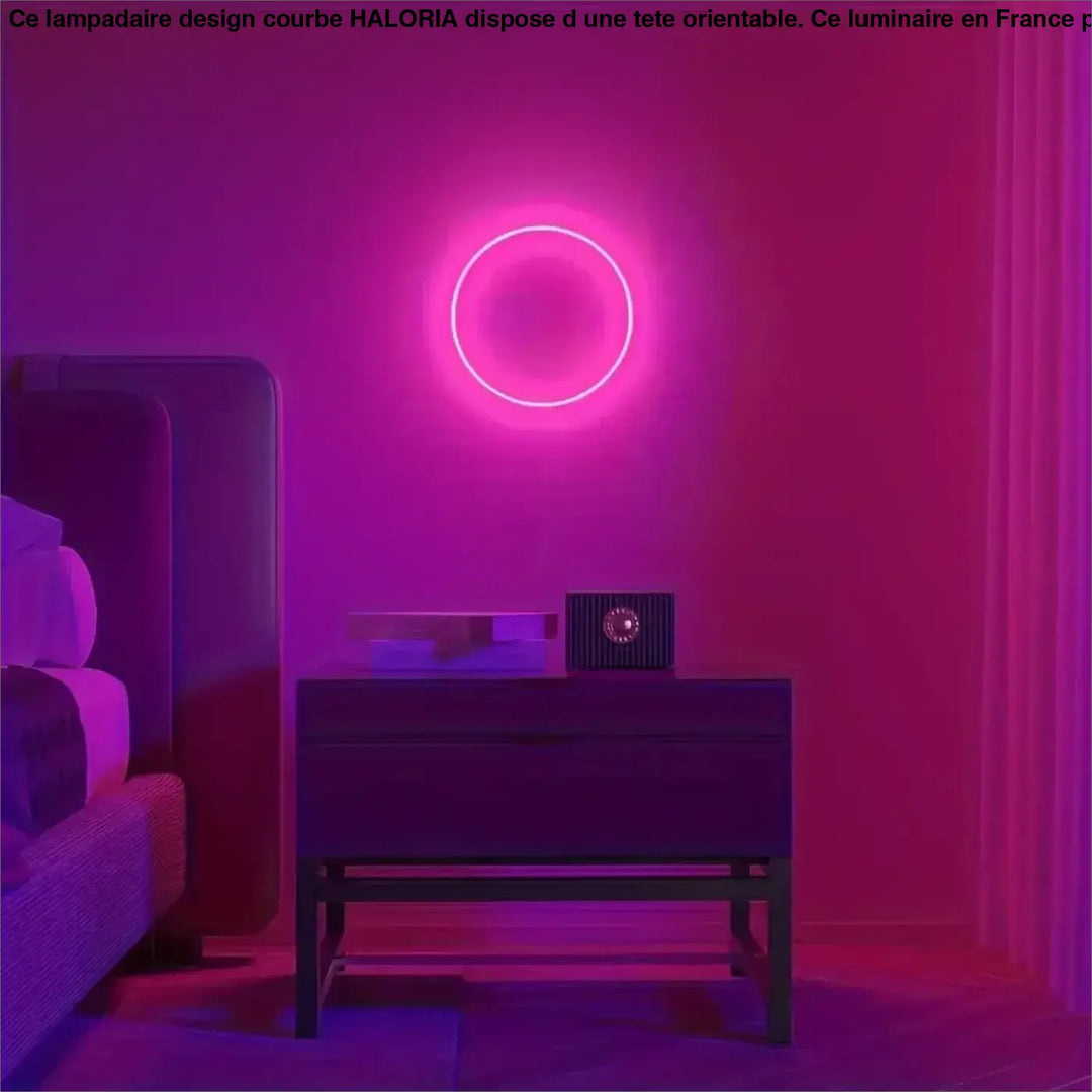 Applique murale koró avec anneau led rose néon monté sur un mur violet pour un halo décoratif moderne