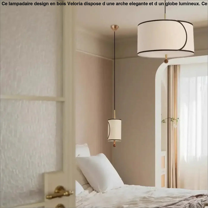 Suspension luminaire avril avec abat-jour cylindrique en tissu blanc, bordure noire et ferrure métal doré