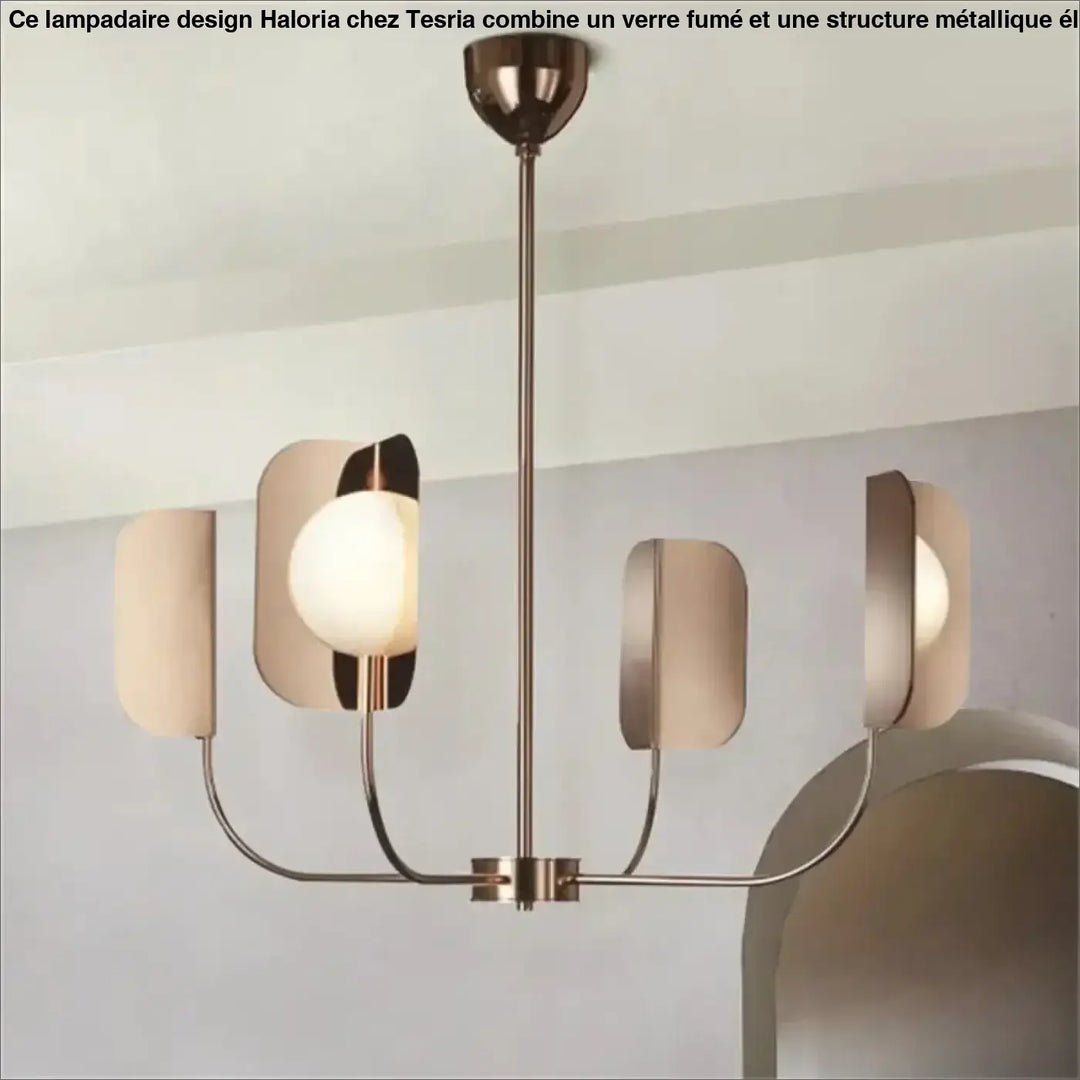 Suspension luminaire copra avec métal doré rose et globes opalins sphériques encadrés de structures courbes modernes