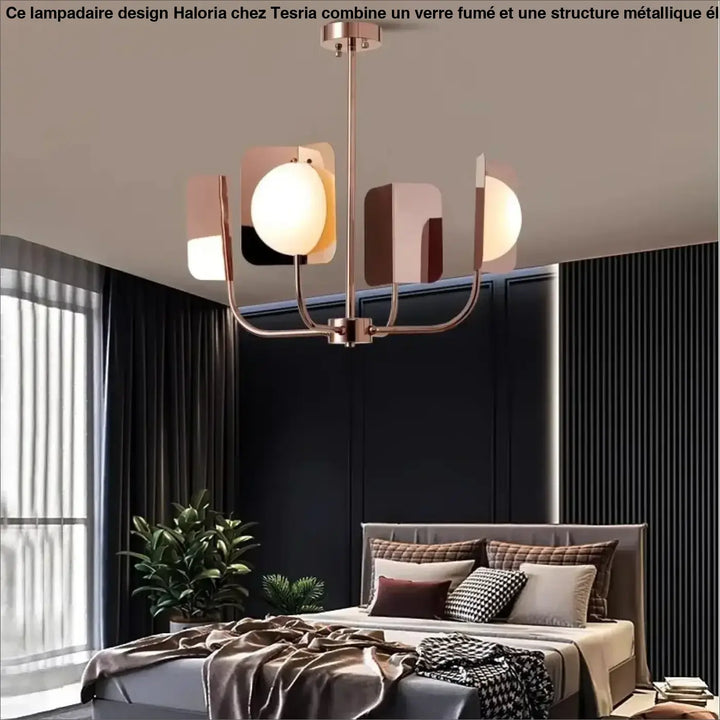 Suspension luminaire copra avec bras géométriques en métal doré rose mat et globes opalins aux tons chauds