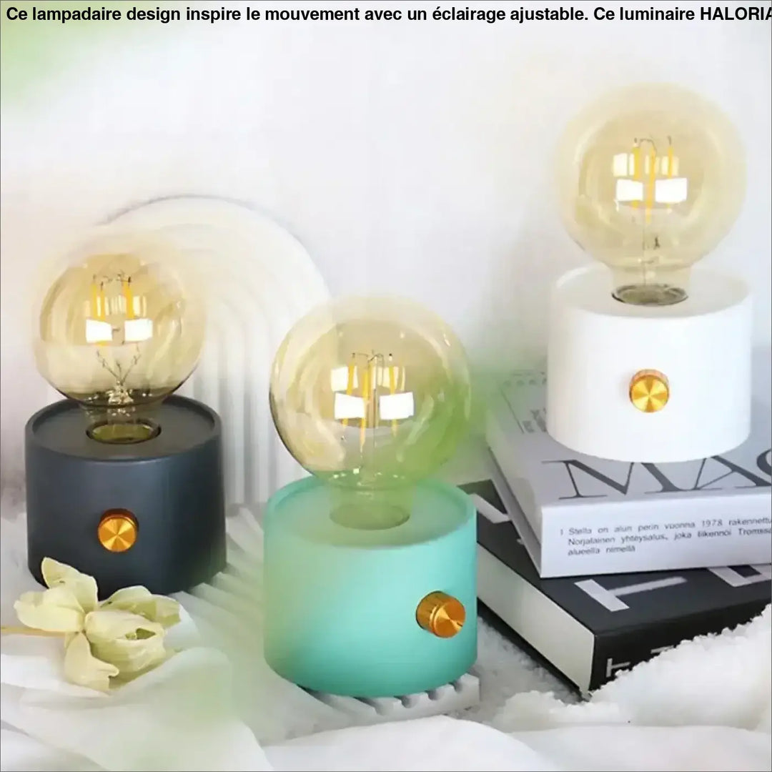 Veilleuse moderne veilleuse monora avec ampoule apparente en verre givré et socles cylindriques mats noir vert menthe et blanc