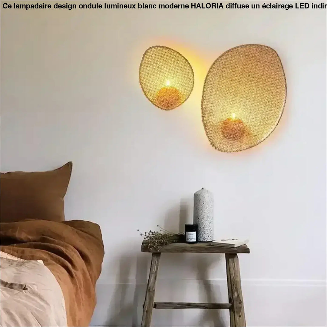 Deux appliques murales ovales en fibres naturelles dans un style lampadaire design ondule lumineux blanc moderne haloria