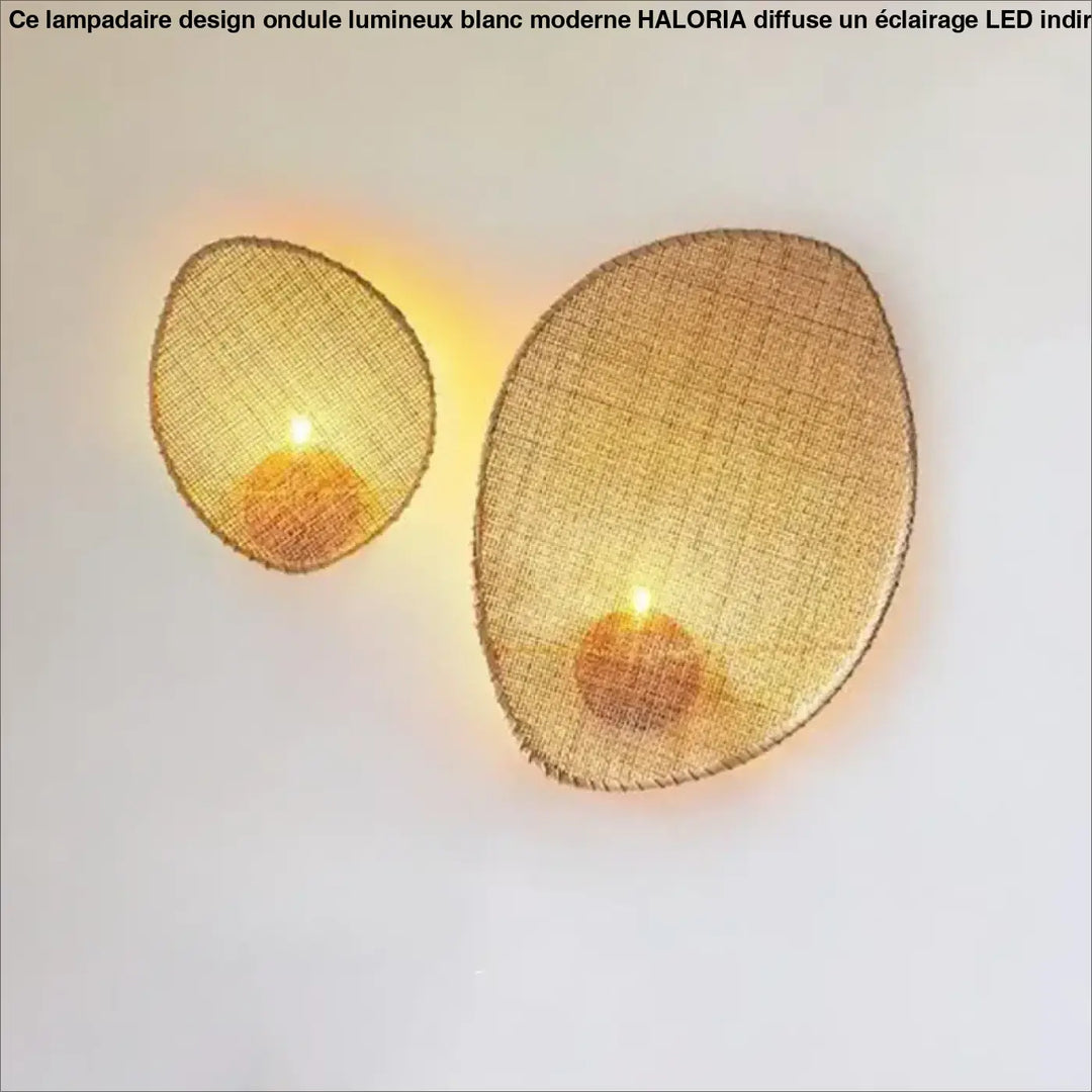 Deux appliques murales ovales en tissu tissé brun doré avec éclairage intérieur chaleureux pour lampadaire design ondule lumineux blanc moderne haloria