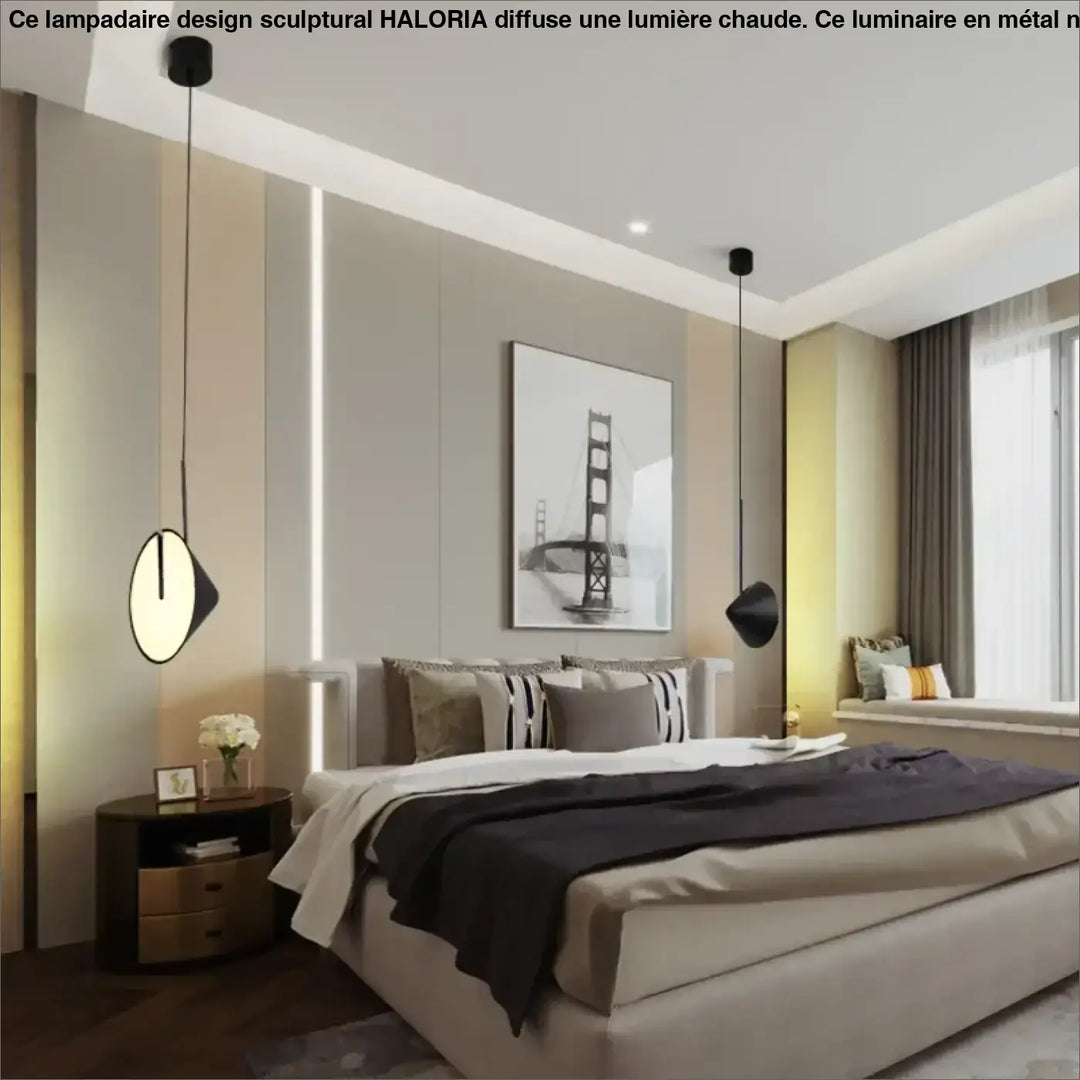 Lampadaire design sculptural noir avec suspensions en forme géométrique et lumière chaude par haloria
