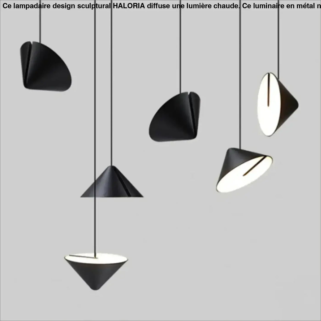 Lampadaire design sculptural noir avec suspensions géométriques modernes en forme de cône et disque haloria