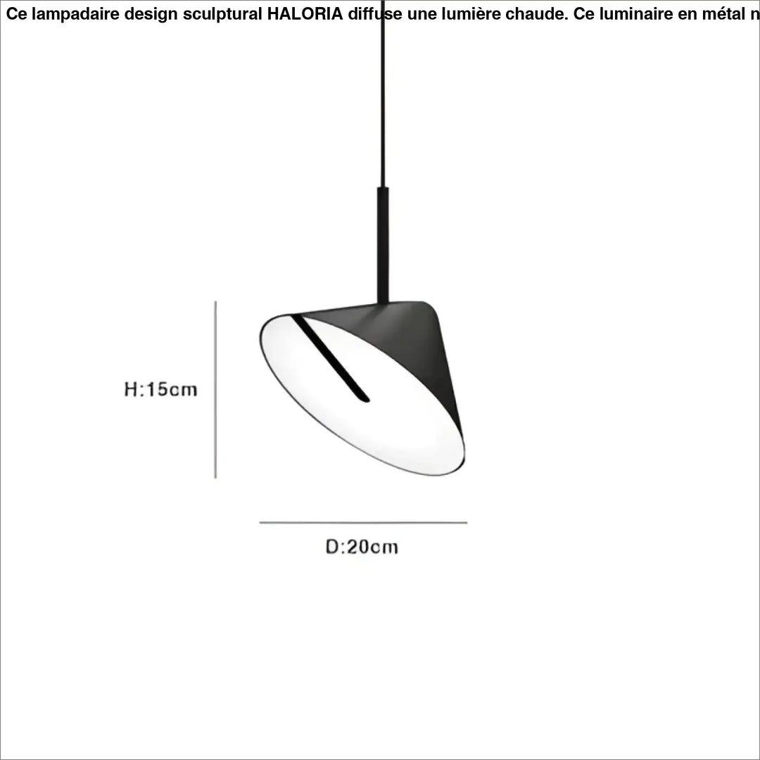 Lampadaire design sculptural noir avec suspension conique minimaliste finition mate lumière chaude haloria