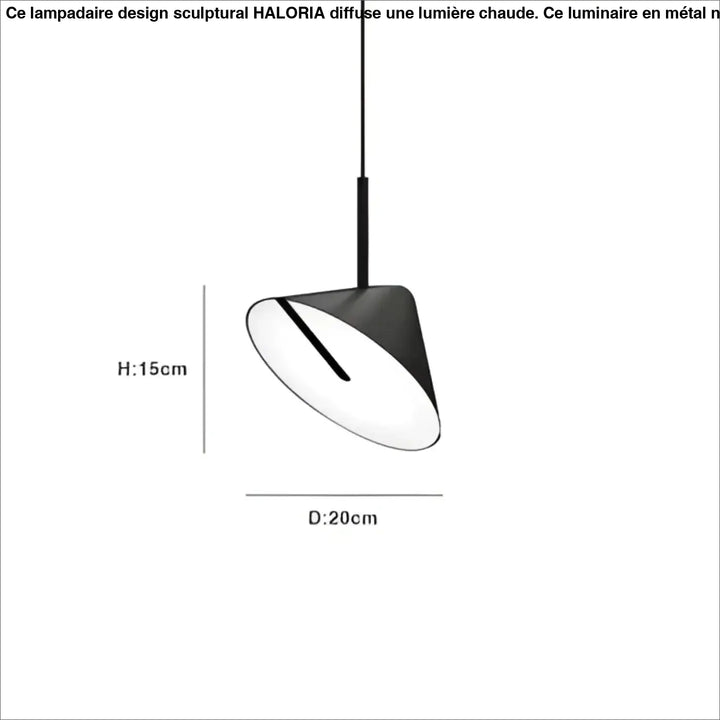 Lampadaire design sculptural noir avec suspension conique minimaliste finition mate lumière chaude haloria