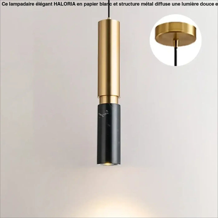Luminaire suspension jade avec tube doré moderne et cylindre en marbre noir pour décoration intérieure élégante