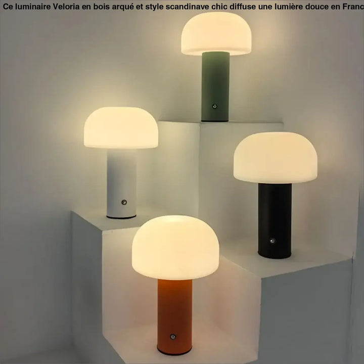 Lampe de table mushia avec design champignon moderne en bases matte blanc gris noir terracotta et dôme verre dépoli