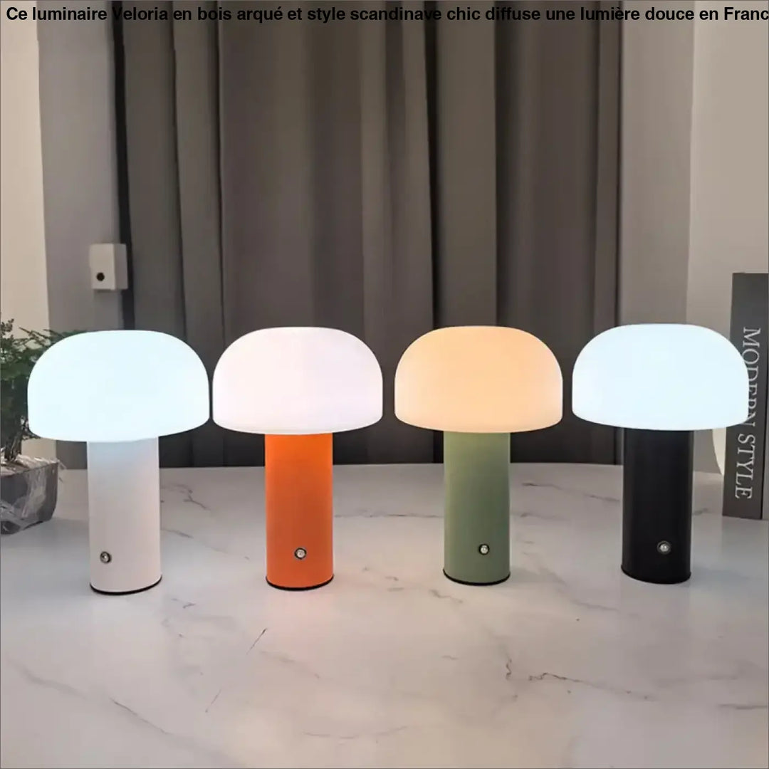 Lampe de table mushia design champignon avec abat-jours en verre dépoli blanc orange vert sauge et noir pour éclairage doux