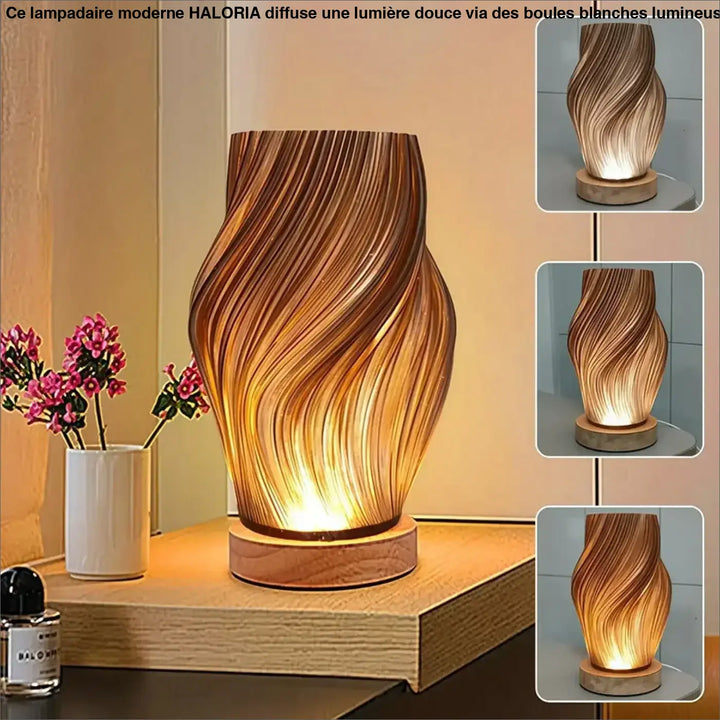 Lampe de chevet layers en bois sculptural aux tons chauds avec lumière douce ambre et design élégant choix parfait