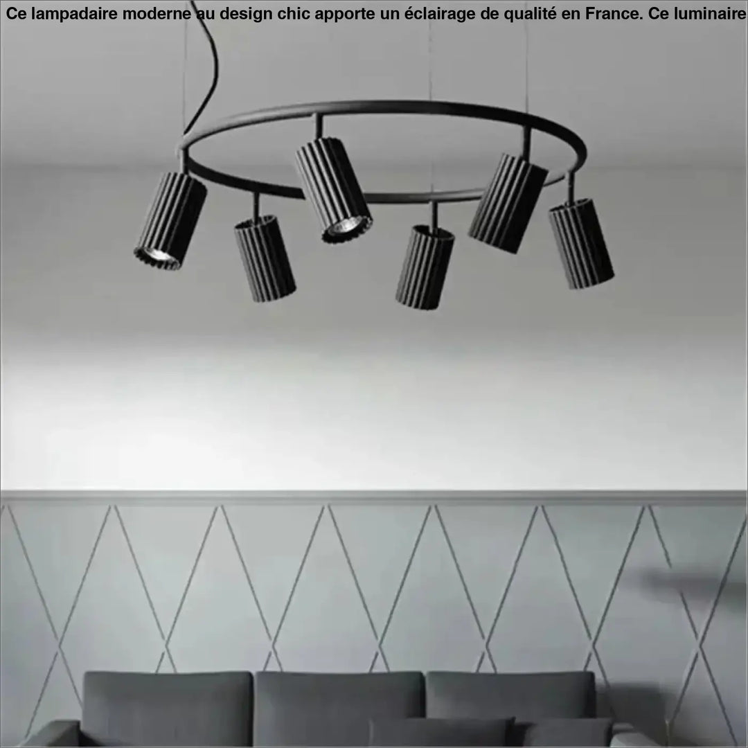 Suspension luminaire zynth noir avec cinq cylindres texturés pour un éclairage minimaliste et design