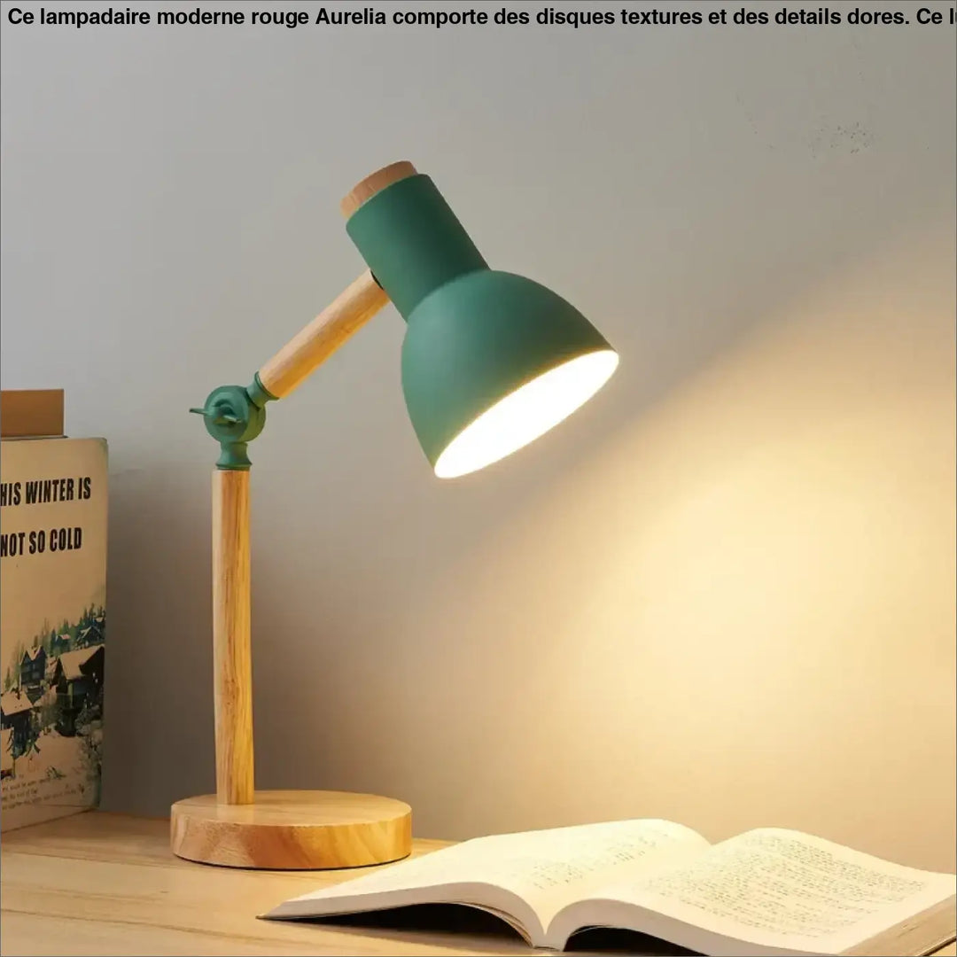 Lampe de table lily en vert mat avec base en bois et bras articulé alliant esthétique bureau scandinave décoratif