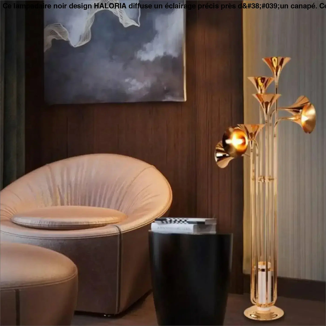Lampadaire noir design en forme de trompette dorée à plusieurs bras avec un style moderne et élégant