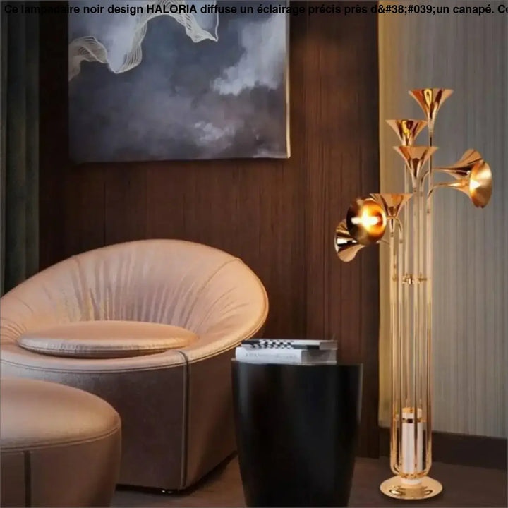Lampadaire noir design en forme de trompette dorée à plusieurs bras avec un style moderne et élégant