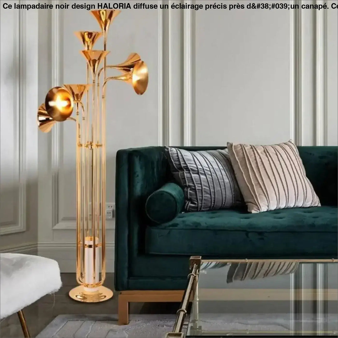 Lampadaire noir design doré à plusieurs bras en forme de trompette avec un style moderne élégant pour intérieur contemporain