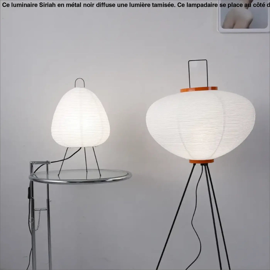 Lampadaire élégant siriah en papier blanc avec base trépied noire et contour orange design moderne
