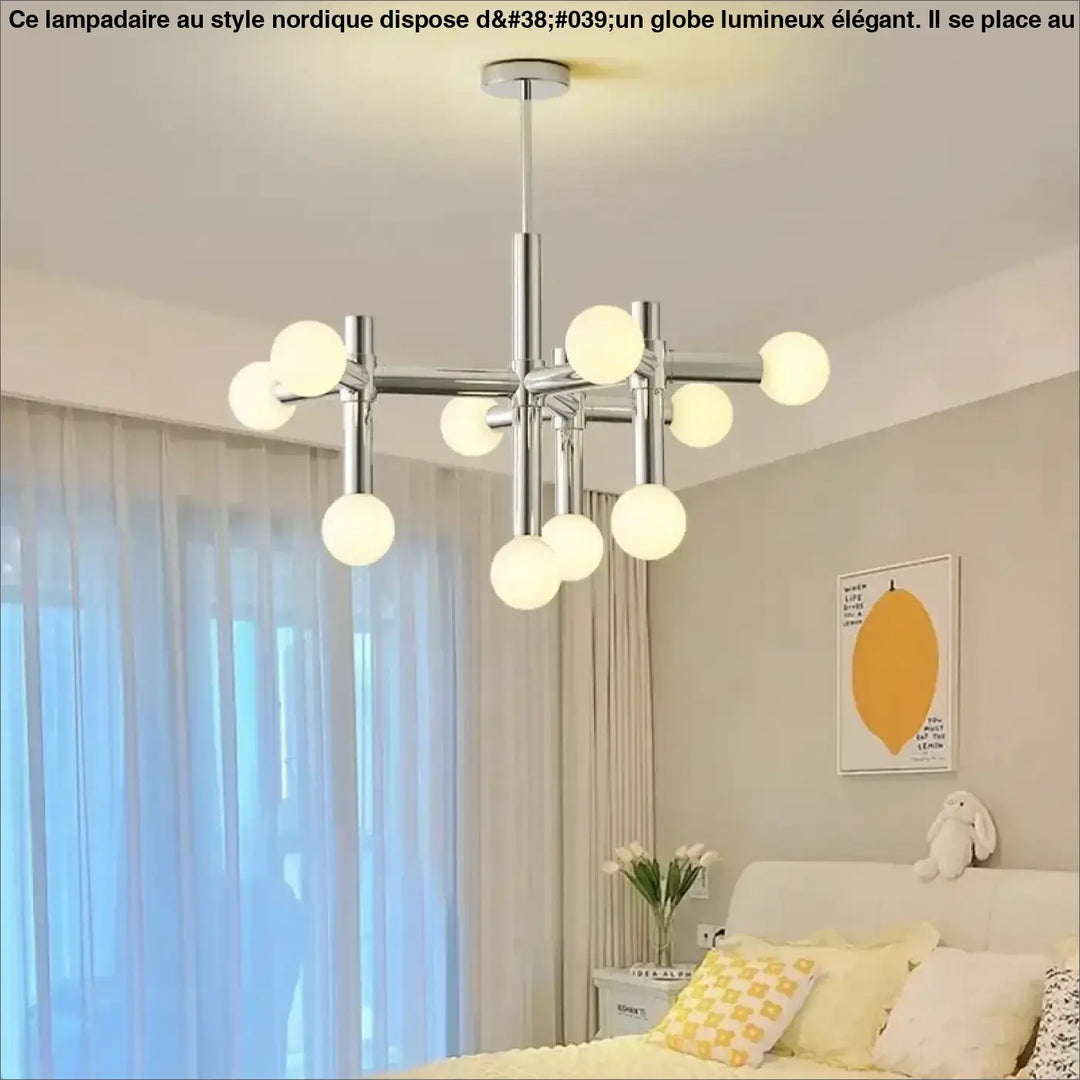Suspension luminaire keiny en chrome moderne avec ampoules sphériques en verre dépoli disposées en design géométrique