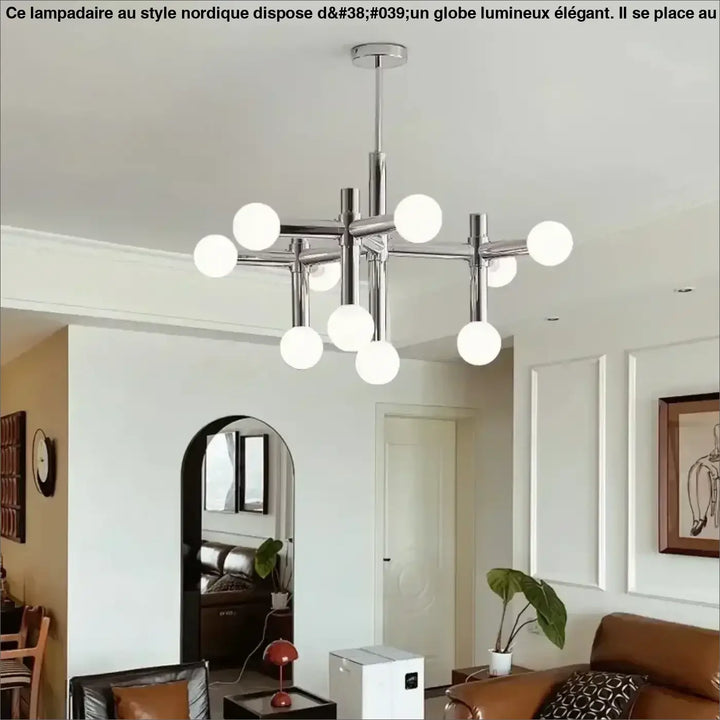 Suspension luminaire moderne keiny en chrome avec plusieurs globes en verre blanc sphériques