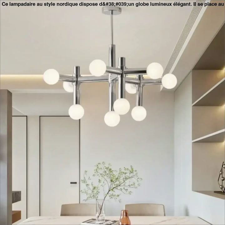 Suspension luminaire keiny en chrome moderne avec plusieurs globes sphériques en verre blanc